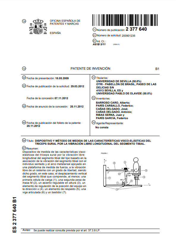 Dispositivo y método de medida de las características visco-elásticas del triceps sural por la vibración libre longitudinal del segmento tibial.